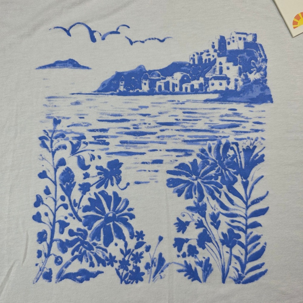 C&C California Pamela Sleeveless Crew Tee White Blue Graphic‎ Coastal 3X NEW